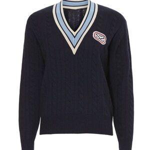 Sandro Women’s Navy V-Neck Preppy Sweater with Sandro Logo Size 3=US 8